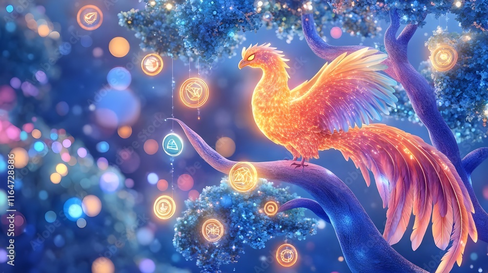 magical phoenix fantasy bird on tree - fantasy art magical phoenix fantasy bird on tree - fantasy art