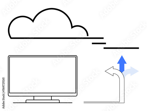 Cloud overhead, monitor, and directional arrows illustrating data flow and technology concepts. Ideal for technology, data management, cloud services, information flow, digital transformation, IT