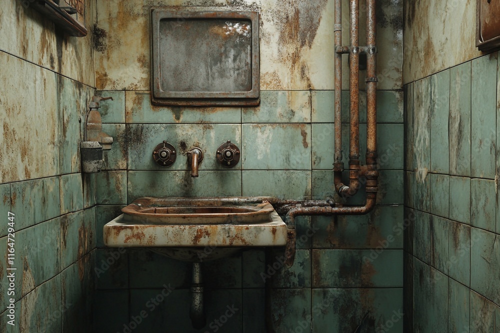 Old bathroom with rusty water pipes and broken fixtures Old bathroom with rusty water pipes and broken fixtures