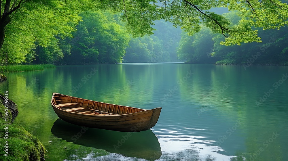 Wooden Rowboat on Serene Green Lake Surrounded by Lush Forest Wooden Rowboat on Serene Green Lake Surrounded by Lush Forest