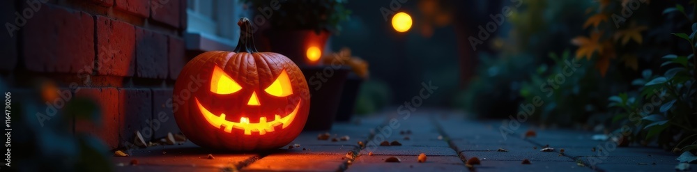Fototapeta premium Carved pumpkin with glowing eyes on dark porch, mysterious, autumnal