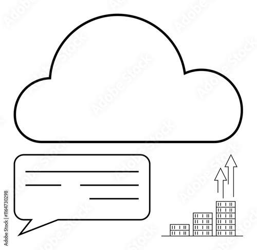 Cloud icon with chat bubble and growing bar chart. Ideal for cloud services, communication, business growth, data analysis, tech, SaaS, startups. Abstract line flat metaphor