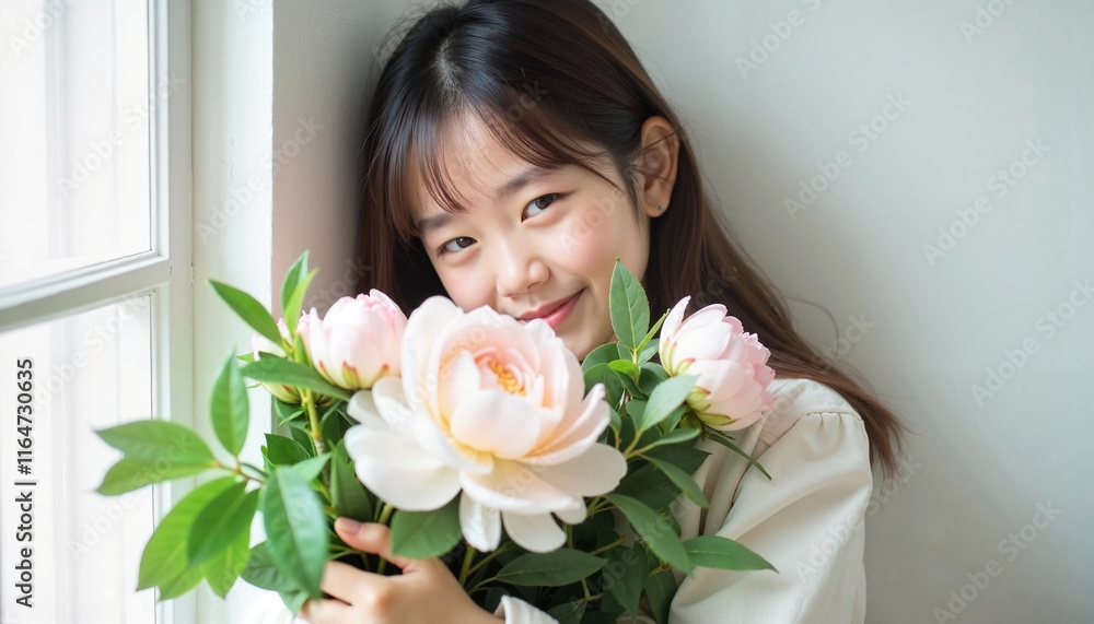 Smiling young woman holding pink flowers near window Smiling young woman holding pink flowers near window