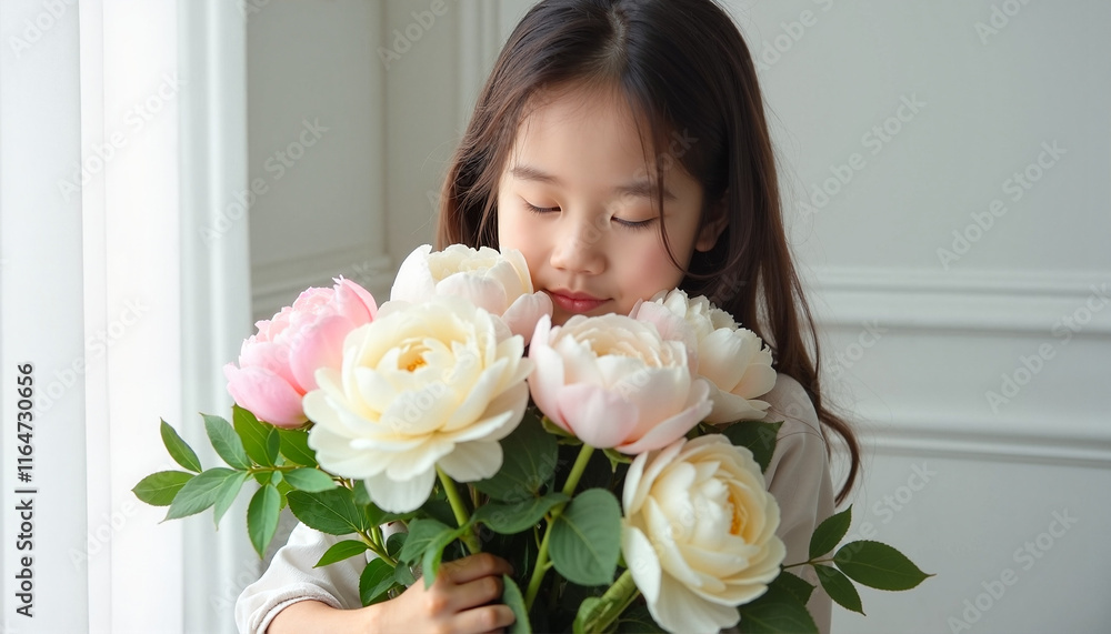 Girl embracing pink and white peonies against a bright background Girl embracing pink and white peonies against a bright background