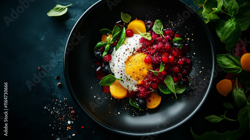 Gourmet bowl featuring fresh berries, herbs, and a perfectly poached egg placed artfully