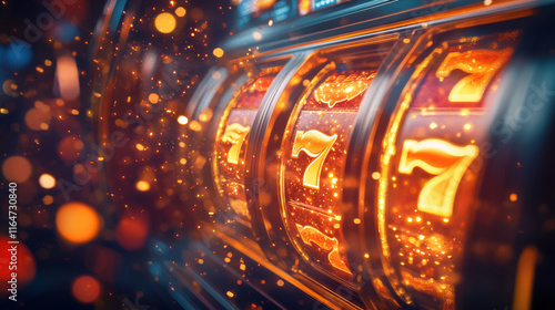 A vibrant slot machine with glowing reels, detailed reflections on polished metal, golden sparks flying around photo