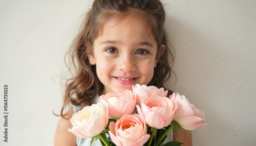 Smiling girl holding pink roses against a light background Smiling girl holding pink roses against a light background