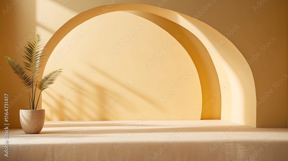 Fototapeta premium Sunlit Minimalist Interior with Archways and Palm Plant