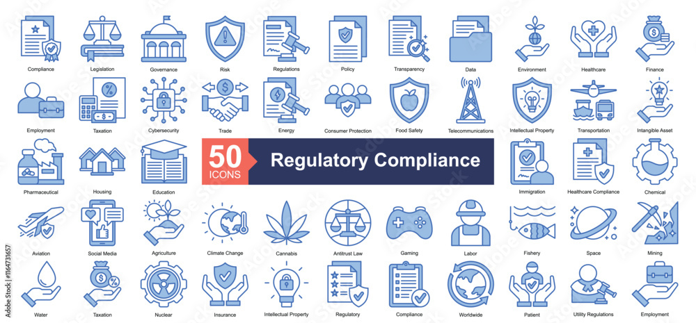 Regulatory Compliance Icon Collection Set.Containing compliance, legislation, governance, risk, policy icon. Simple blue style Vector Illustration. Regulatory Compliance Icon Collection Set.Containing compliance, legislation, governance, risk, policy icon. Simple blue style Vector Illustration.