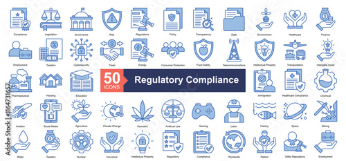 Regulatory Compliance Icon Collection Set.Containing compliance, legislation, governance, risk, policy icon. Simple blue style Vector Illustration.