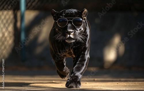 A Black Panther Wearing Aviator Sunglasses, Walking Confidently Towards the Camera, Combining Humor and Wildlife in a Playful and Stylish Presentation