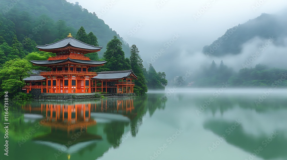 Fototapeta premium Serene Temple Reflecting in Misty Mountain Lake