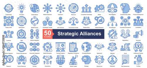 Strategic Alliances Icon Collection Set.Containing collaborative, innovation, global market, market expansion icon. Simple blue style Vector Illustration.