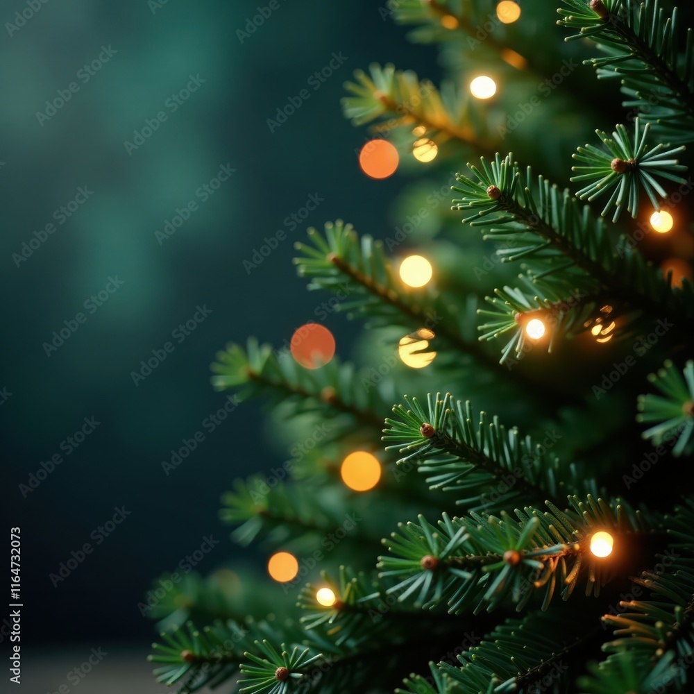 Dark green pine Christmas tree banner, bokeh lights, festive , dark background, winter banner, winter Dark green pine Christmas tree banner, bokeh lights, festive , dark background, winter banner, winter