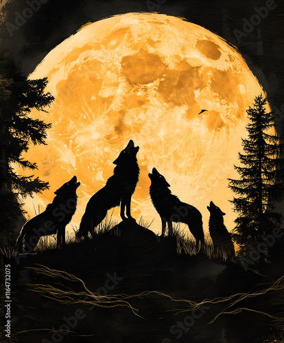 Graphic illustration of a silhouette of a wolf pack howling at the moon