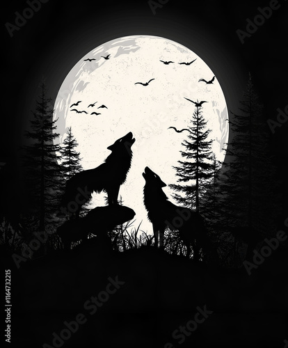 Graphic illustration of a silhouette of a wolf pack howling at the moon photo