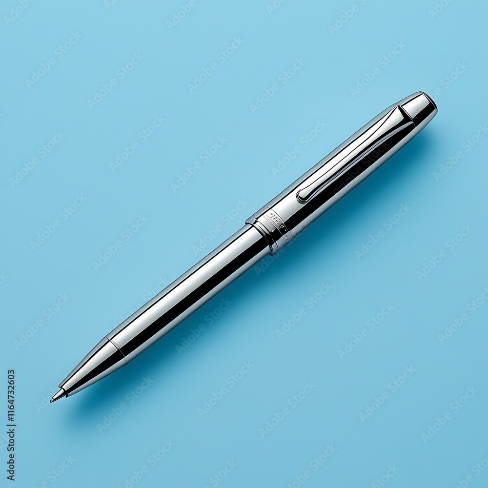 A Shiny Silver Pen Rests on a Light Blue Background A Shiny Silver Pen Rests on a Light Blue Background