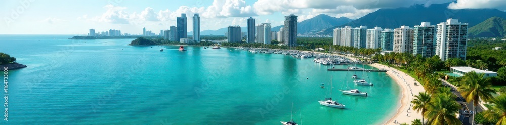 Obraz premium Aerial drone shot of marina's skyline with palm trees and turquoise water, ocean, building
