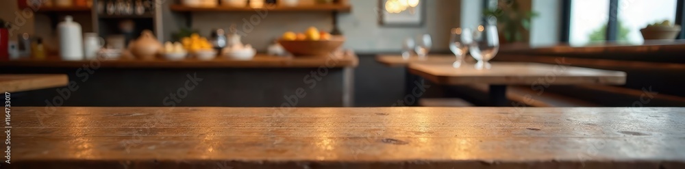 Empty wooden table with scattered utensils in a blur background of a busy restaurant, food, restaurant interior Empty wooden table with scattered utensils in a blur background of a busy restaurant, food, restaurant interior