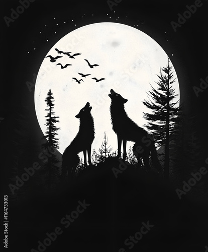 Graphic illustration of a silhouette of a wolf pack howling at the moon photo