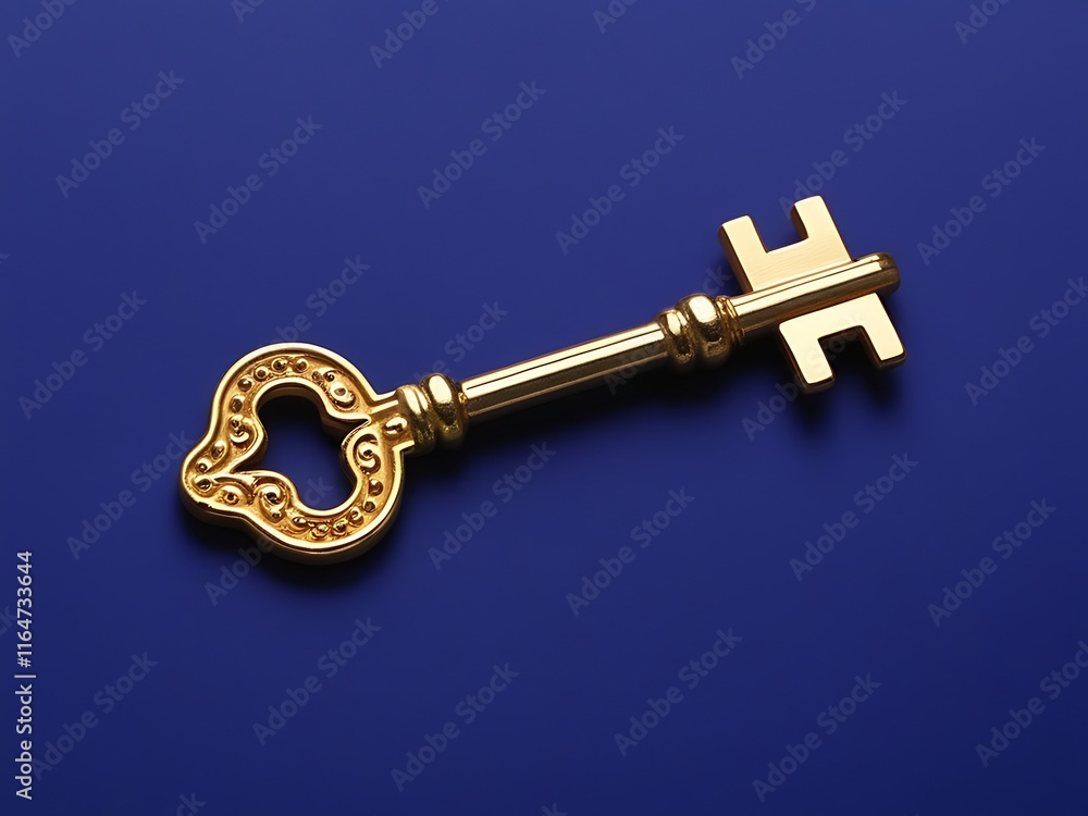 A gold ornate key rests on a blue background A gold ornate key rests on a blue background