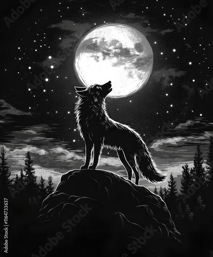 Graphic illustration of a silhouette of a wolf howling at the moon photo