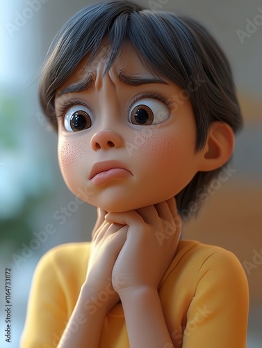 A worried child holds their throat with a furrowed brow. Ideal for children's books or health campaigns dealing with sore throats or anxiety.