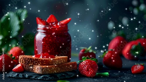 Strawberry jam on the bread. Strawberry jam. Jars of sweet strawberry jam, fresh berries and bread on table. Looped effect. Loop particles. Loop background. Generated AI.