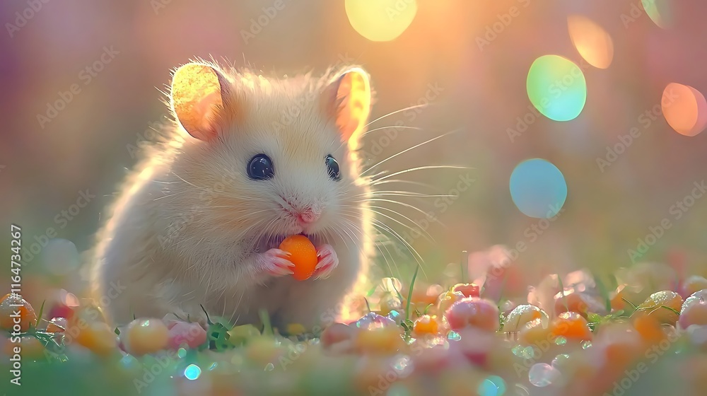 Cute hamster eating a small orange treat surrounded by colorful bokeh lights. Cute hamster eating a small orange treat surrounded by colorful bokeh lights.