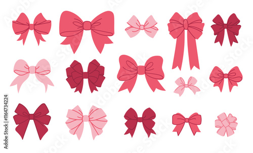 Set of pink bows on white background. Vector illustration in flat style.