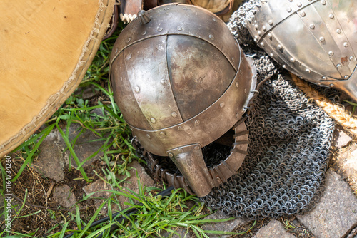 Medieval Norman style helmet with chain strap photo