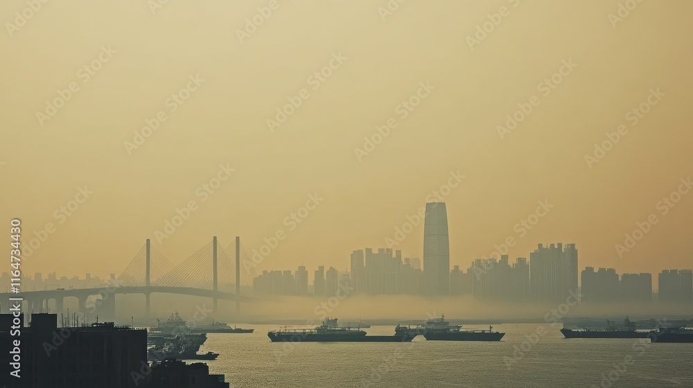 Fog Over Cityscape with Bridge and Boats at Dusk Fog Over Cityscape with Bridge and Boats at Dusk