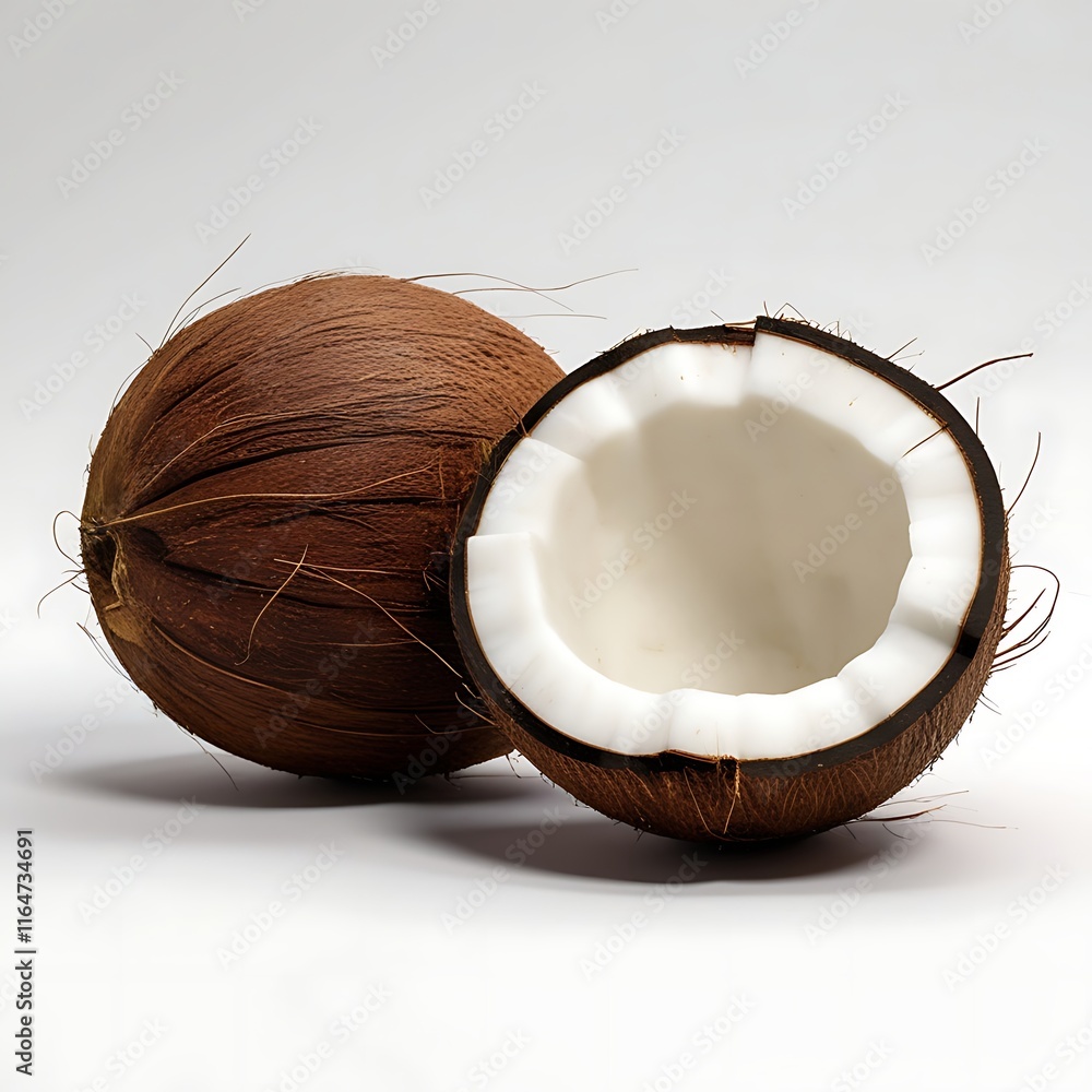 Whole coconut and a half coconut displayed on a white background Whole coconut and a half coconut displayed on a white background