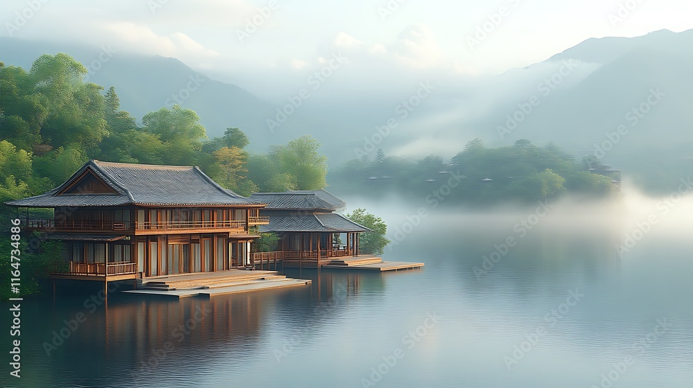 Naklejka premium Serene Mountain Lake Houses Nestled In Misty Landscape