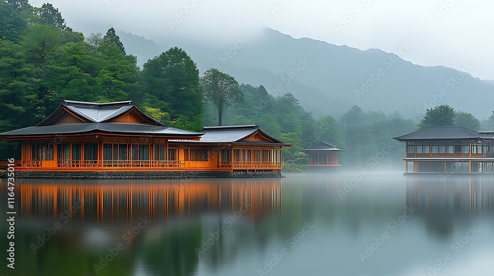 Naklejka premium Tranquil Japanese Houses on Misty Lake Surrounded by Lush Green Mountains
