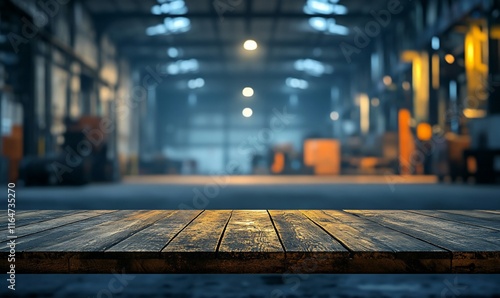 A wooden table in an industrial warehouse setting with ambient lighting.