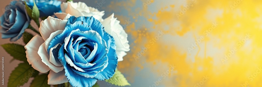 Obraz premium Blue and White Roses in a Bouquet with a Warm Yellow Background for Happy Valentine's Day