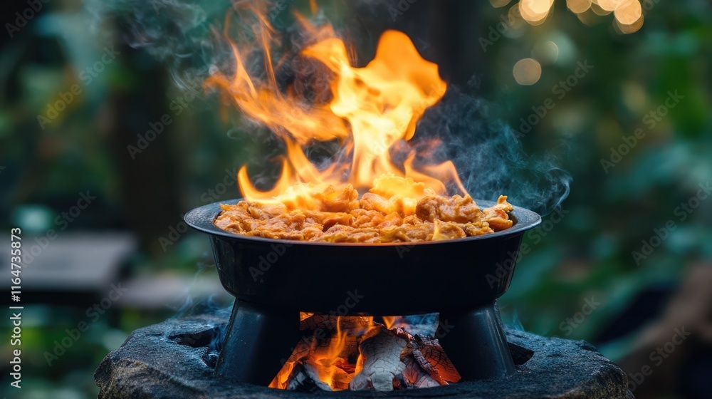 A portable LPG gas stove being used for outdoor camping, with food cooking over a flame A portable LPG gas stove being used for outdoor camping, with food cooking over a flame