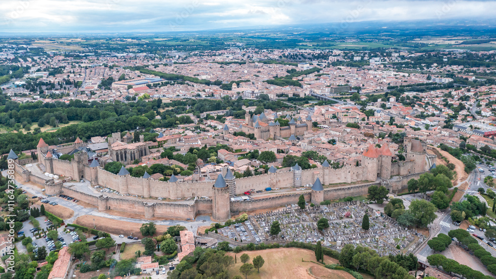 Aerial view with Carcassonne in France, a famous landmark one of the most well preserved citadel in the world