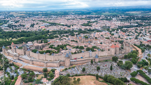 Obraz na płótnie Aerial view with Carcassonne in France, a famous landmark one of the most well preserved citadel in the world w salonie