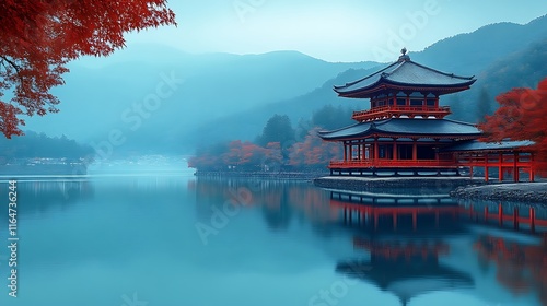 Wallpaper Mural Serene Autumn Temple by Still Lake and Mountains Torontodigital.ca