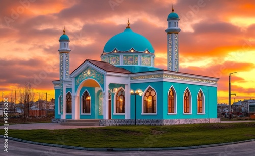 Summer sunset scene at the Kazan Kremlin in Tatarstan, Russia, with the Kul Sharif mosque. photo