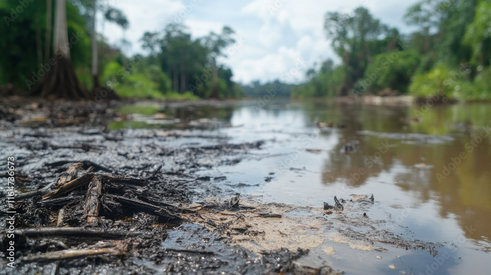 Obraz premium Polluted Tropical River Under Bright Natural Light