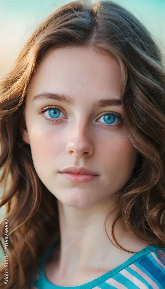 Fototapeta premium a close-up of a young woman with striking blue eyes and wavy brown hair. She is wearing a colorful, striped top and is bathed in a soft, ethereal light that highlights her facial features. The backgro
