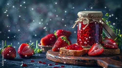Strawberry jam on the bread. Strawberry jam. Jars of sweet strawberry jam, fresh berries and bread on table. Looped effect. Loop particles. Loop background. Generated AI.