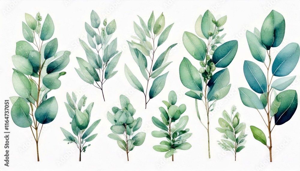 Fototapeta premium Watercolor floral illustration set - green leaf branches collection, for wedding stationary, greetings, wallpapers, fashion, background. Eucalyptus, olive, green leaves, etc.