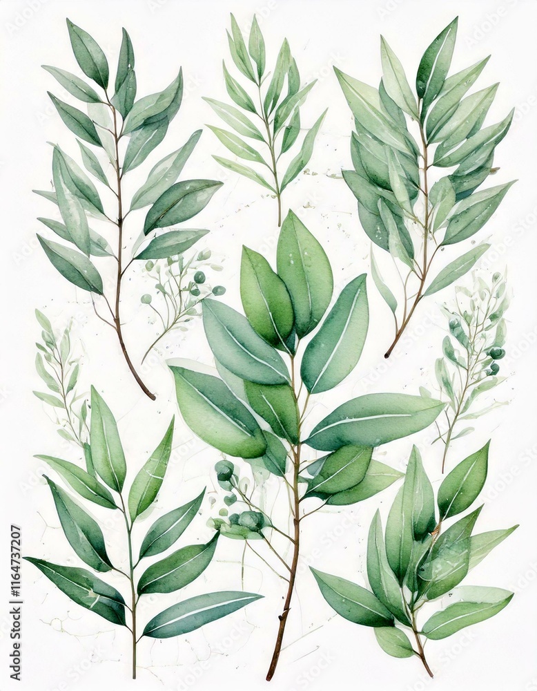 Fototapeta premium Watercolor floral illustration set - green leaf branches collection, for wedding stationary, greetings, wallpapers, fashion, background. Eucalyptus, olive, green leaves, etc.