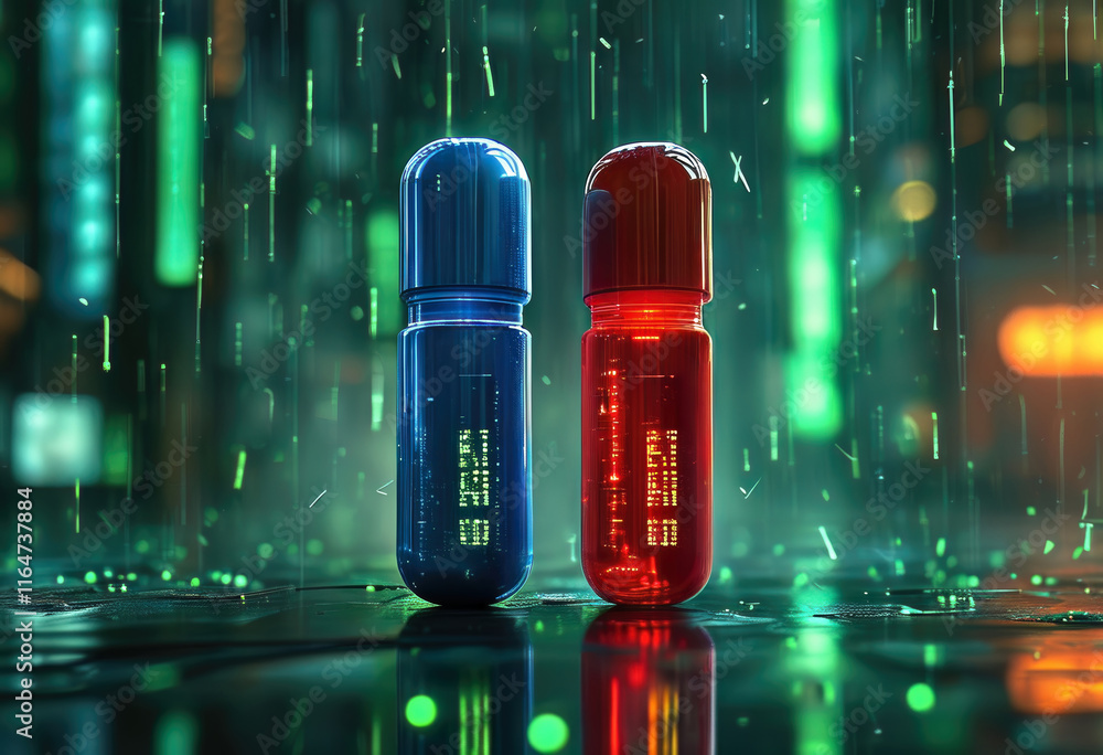 Blue and red pill in front of a futuristic background Blue and red pill in front of a futuristic background