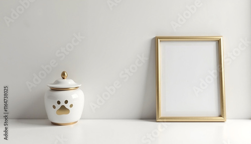 Decorative pet urn with gold accents beside empty picture frame