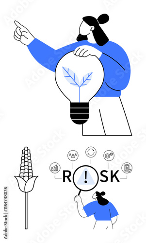 Person holding a lightbulb with a leaf, pointing forward corn plant magnifying glass over RISK with icons. Ideal for innovation, sustainability, agriculture, risk analysis, solutions, strategy